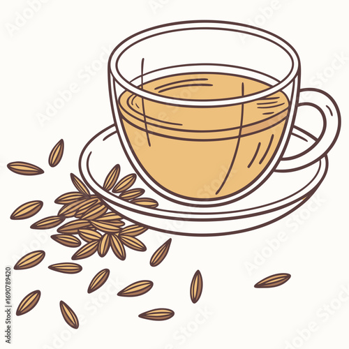 A refreshing cup of herbal tea with scattered cumin seeds on a white background