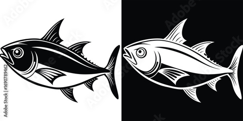 Dynamic tuna fish silhouette captures the power and sleekness of ocean sport and healthy seafood with striking contrast