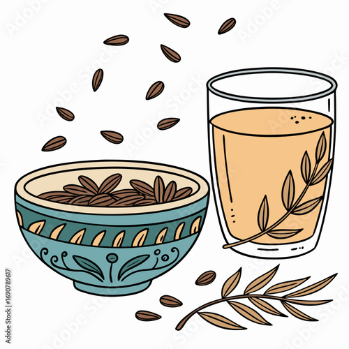 Hand drawn illustration of a bowl of flax seeds next to a glass of flaxseed milk and scattered seeds