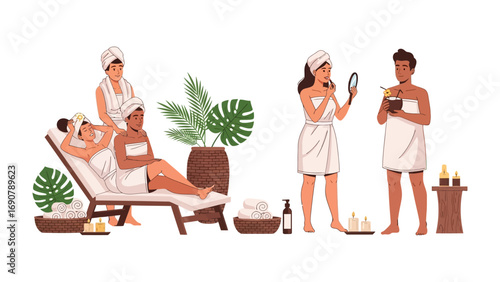Diverse group of women enjoying a relaxing spa day with massages facials and beauty treatments in a serene wellness environment
