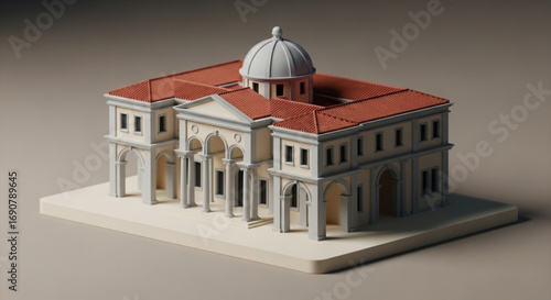 Architectural model of a classical building with a dome and red roof tiles, showcasing intricate design and craftsmanship in a miniature scale