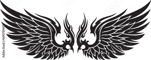Detailed illustration of stylized black wings, ideal for tattoo designs and fantasy art, ready to use