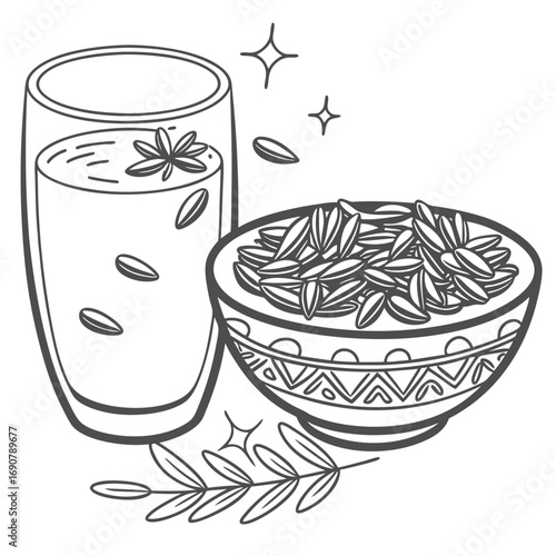 Hand drawn illustration of a glass of sunflower seed drink with a bowl of sunflower seeds and a sprig of leaves