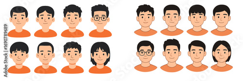 Collection of young Asian male character portraits with different hairstyles and glasses for creating avatars