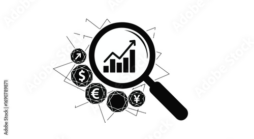 Magnifying glass focusing on financial growth chart amidst currency symbols.