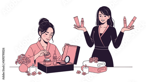 Two young women are applying makeup and holding beauty products showcasing a modern lifestyle and personal care routine