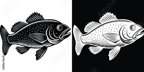 Striking monochrome fish illustration in bold graphic style perfect for seafood branding and aquatic themes