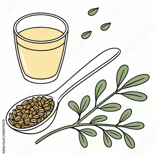 Illustration of moringa seeds in a spoon with a glass of moringa juice and leaves