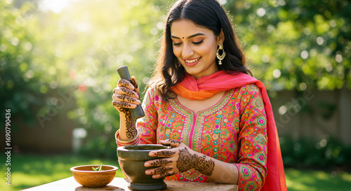 Smiling Indian Woman with Henna Preparing Herbs in Garden with Mortar and Pestle