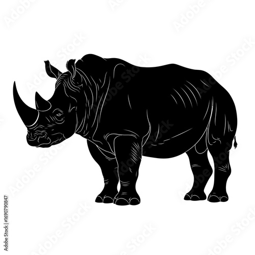Black rhinoceros silhouette standing profile isolated on white background