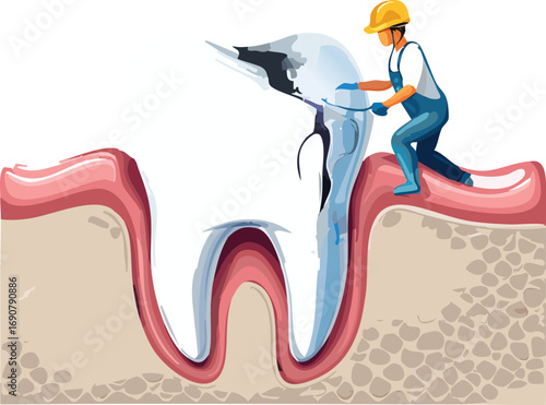 Construction worker fixing tooth cavity inspiring educational dental storytelling
