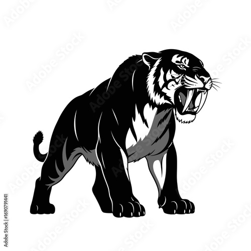 Aggressive saber toothed tiger silhouette isolated on white background