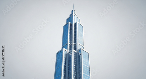 A modern skyscraper with a sleek design rises against a clear sky, showcasing architectural innovation and urban development