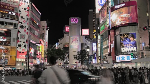 Night in Tokyo : Night View of the World's Busiest Crossing, Dazzlingly Lit Up, and the Bustling Crowds  |  Shibuya Scramble Crossing, Tokyo, Japan