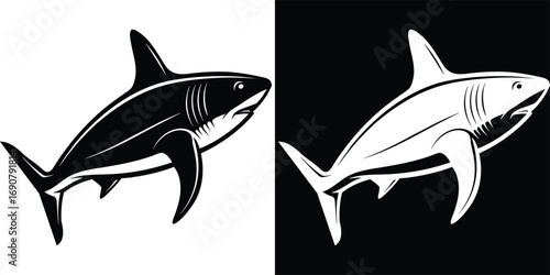 Powerful shark silhouette in striking black and white contrasts, embodying predatory strength and ocean dominance, perfect for bold branding.
