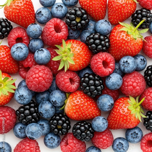 Red Raspberries Blueberries Blackberries and Strawberries Summer Berries Mix on White Background Detailed Close Up Image of Fresh Berries Healthy