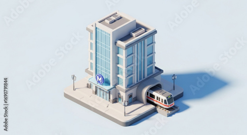 Isometric metro station with train entering the tunnel, a modern urban transportation hub with a sleek design