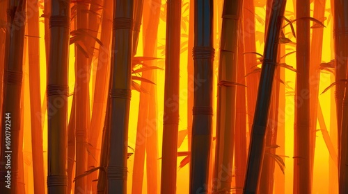 Bamboo grove, fiery sunset glow
