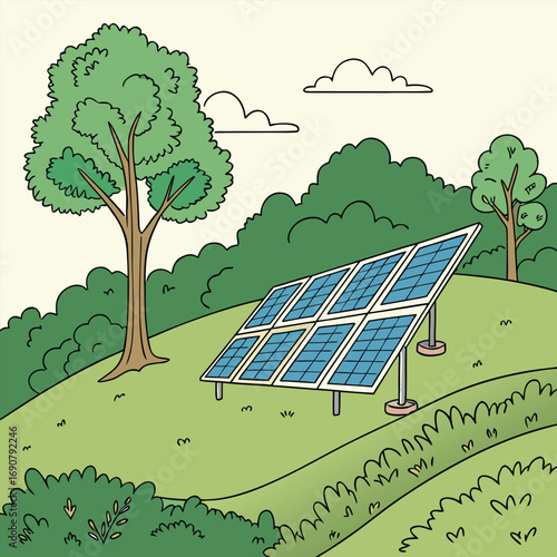 Eight solar panels stand on a verdant hill amid trees under a cloudy sky