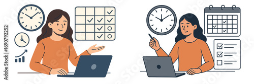 Woman managing time and tasks with a laptop, calendar, and checklist for business productivity and project planning