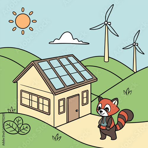 Cartoon red panda by eco friendly house with solar panels in landscape