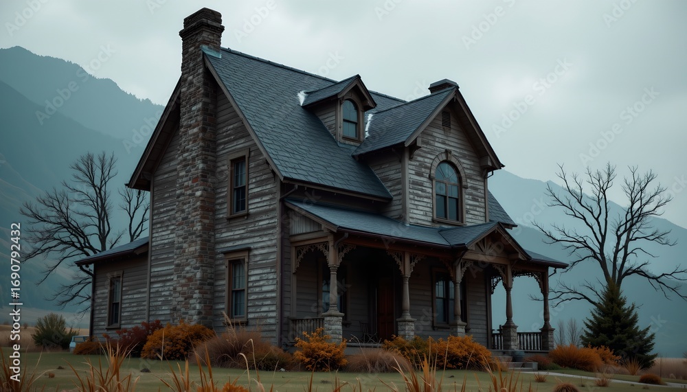 Fototapeta premium An imposing two story house with a gabled roof nestled in a mountainous region during what appears to be an overcast day.