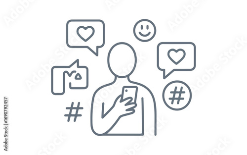 A minimalist line art illustration in gray showing a stick figure user holding a mobile device in their right hand.  