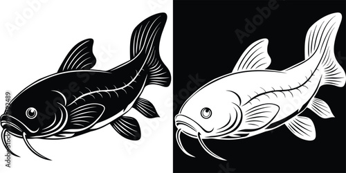 Striking black and white catfish silhouette, perfect for logos, design, and aquatic themes