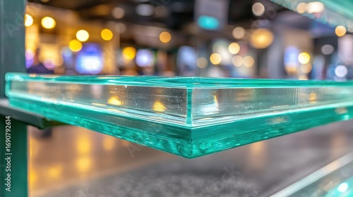 A close-up of a glass shelf with a blue tint.