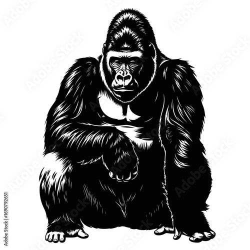 Gorilla silhouette sitting down isolated on white background silhouette