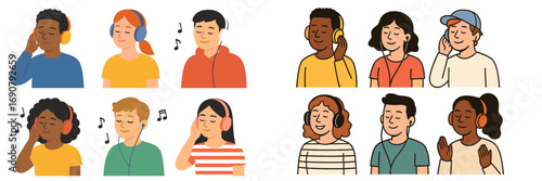 Collection of diverse young people enjoying music with headphones and earbuds, isolated character portraits showing relaxation and happiness