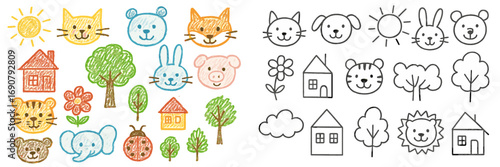 Set of charming children's drawings with crayon texture and simple outlines featuring cute animal faces, houses, trees, and a sun