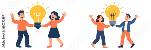 Happy people holding a giant lightbulb as a symbol of a great idea, teamwork, and creative collaboration