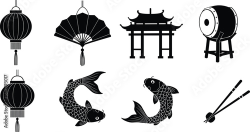 Asian traditional culture icons set with lantern, koi fish, folding fan, pagoda gate, drum, chopsticks, perfect for vector design