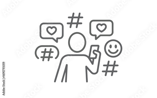 A minimalist line art illustration in gray showing a stick figure user holding a mobile device in their right hand.  