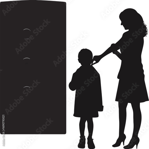 Mother Adjusting Child's Collar by Elevator