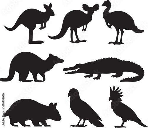 Assortment of Black Silhouettes of Australian Wildlife Animals Keywords: kangaroo, wallaby, emu