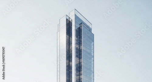 Modern skyscraper with glass facade reaching towards the sky on a bright day, showcasing contemporary architecture and urban development