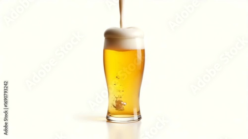Flawless Studio Image of Beer Glass with Rising Foam Rings Isolated on White Background for Catalog Use - Emphasizing Purity, Clarity & Empty Space on Left