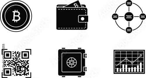 Bitcoin cryptocurrency icons set including bitcoin coin, digital wallet, blockchain network, QR code, secure vault, financial chart, digital currency symbols.