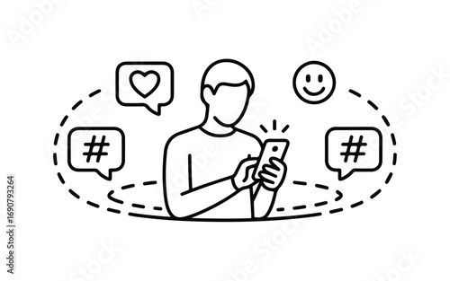 A minimalist line art illustration in gray showing a stick figure user holding a mobile device in their right hand.  