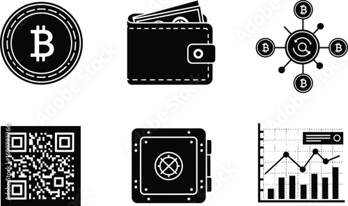 Bitcoin cryptocurrency icons set with coin, wallet, network, QR code, safe vault, and financial chart, digital currency, blockchain symbols.