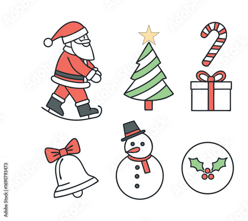 Flat Colorful Christmas Icon Set – Santa, Tree, Candy Cane, Gifts, Bell, Snowman