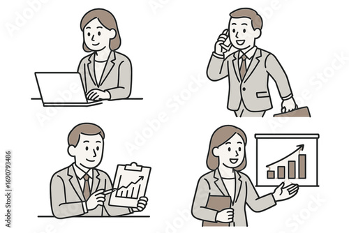 Set of business people characters in various office work situations including a woman on a laptop and a man giving a presentation with a growth chart