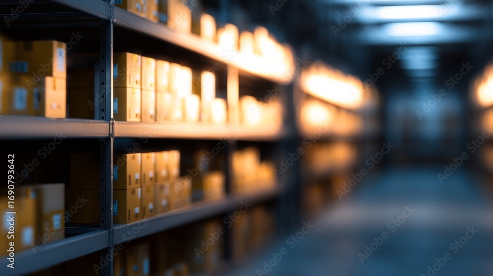 Fototapeta premium Indoor warehouse with organized shelving units holding cardboard boxes, warm lighting creates a cozy atmosphere,