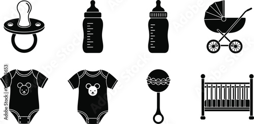 Black baby items icons including pacifier, baby bottles, stroller, baby clothes, onesies, rattle toy, crib, infant essentials, newborn accessories.