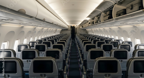 Cabin interior of a commercial airplane showcasing passenger seats and overhead bins