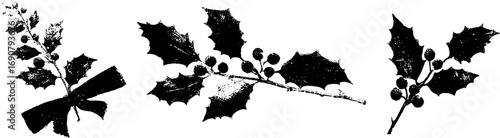 Festive holiday holly branch with bow engraved design for seasonal decorations