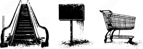Grunge black and white urban decay illustration set featuring abandoned staircase, sign, and shopping cart