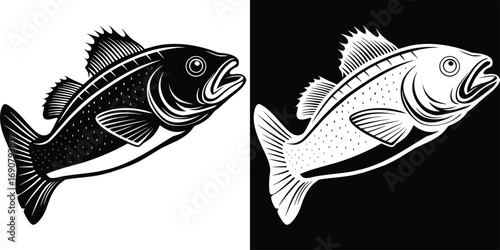 Dynamic stylized fish illustration, perfect for fishing logos, restaurant menus, and maritime decor, capturing aquatic movement.